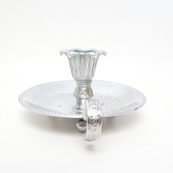 Vintage Silver Plated Chamberstick Embossed Floral Circular Drip Pan Beaded Edge - Picture 6 of 9